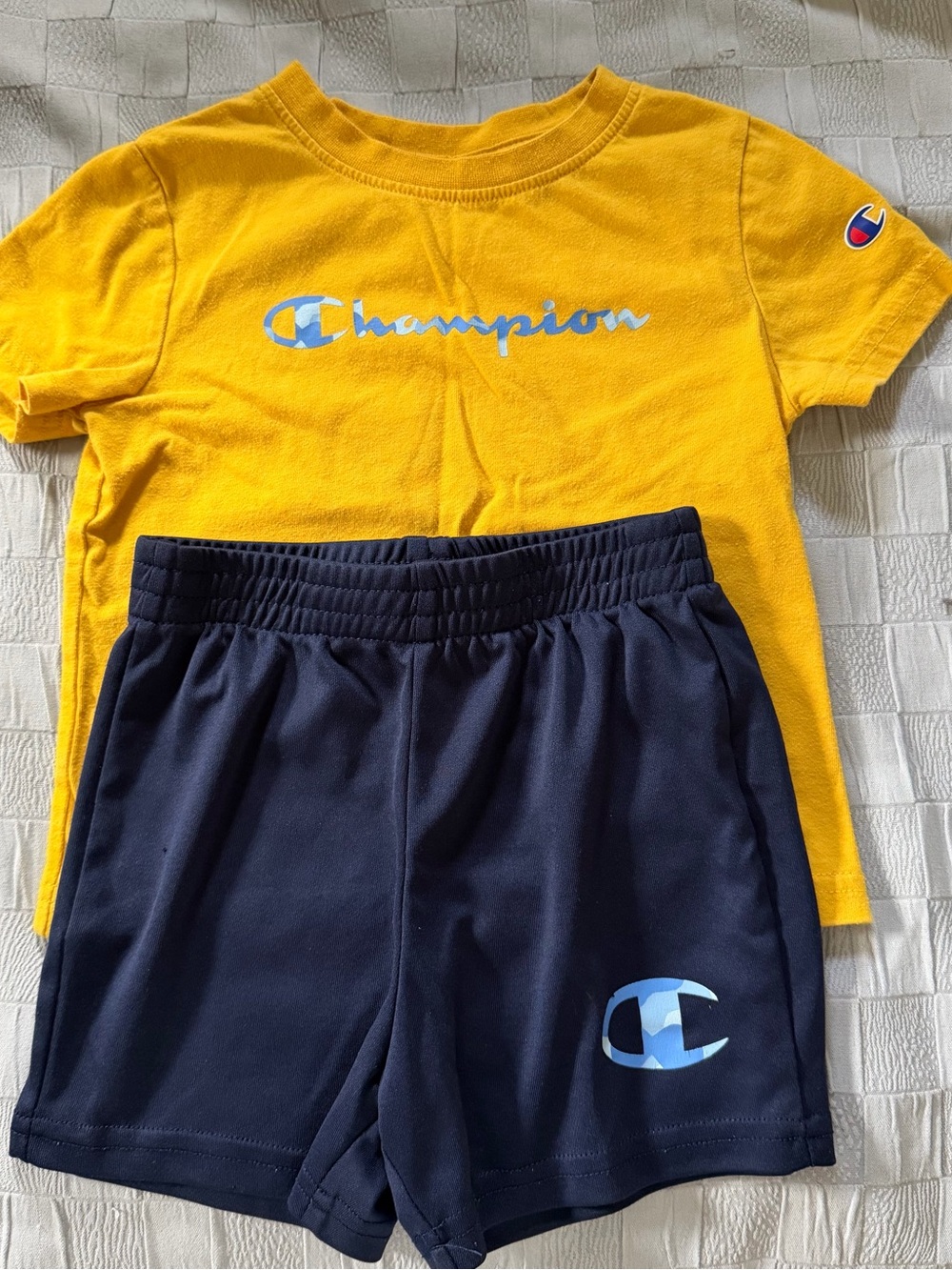 Champion Yellow Logo Tee with Navy Athletic Shorts